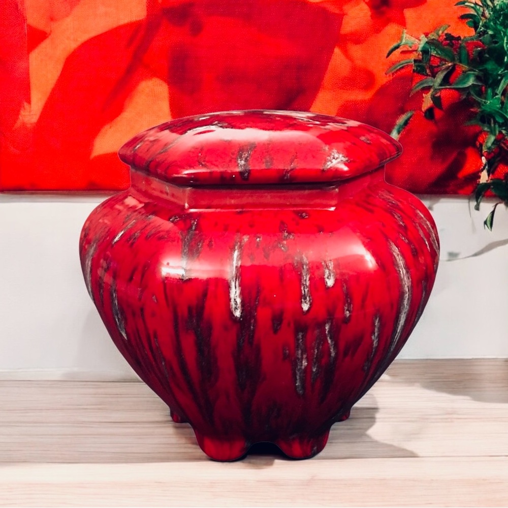 Vintage Red Pottery Hexagonal Ceramic Lidded Jar Urn 5.5" Drip Spot Glaze Signed